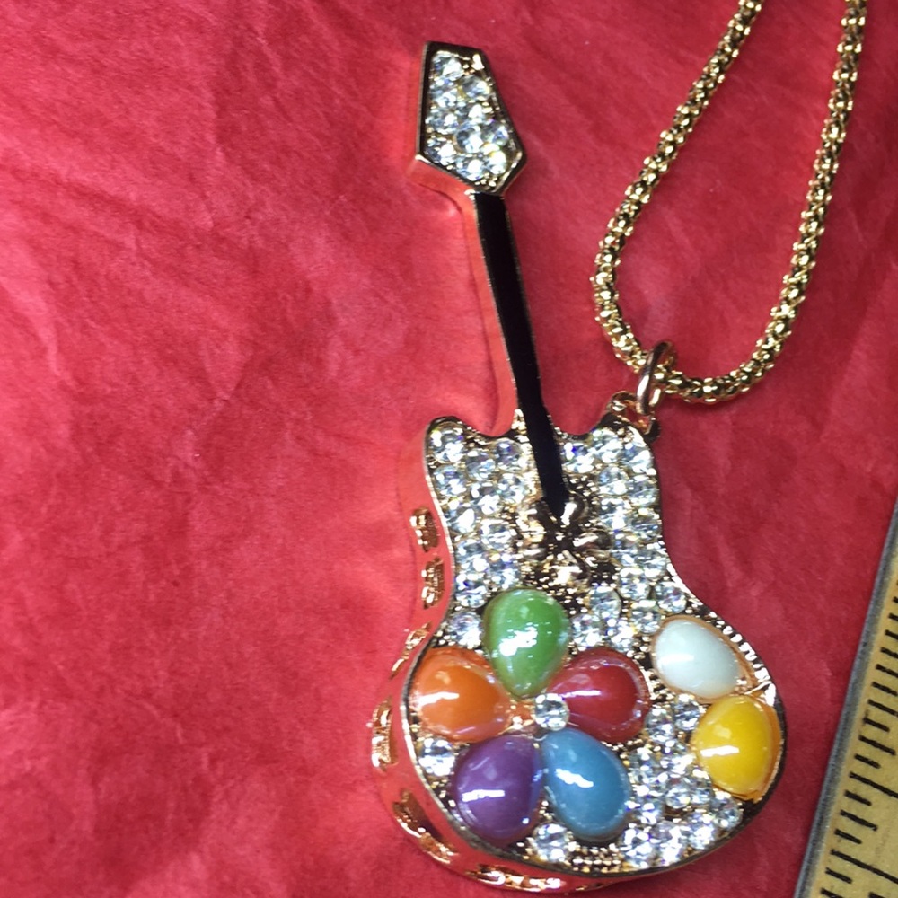 Jeweled&multicolored stone guitar shaped necklace